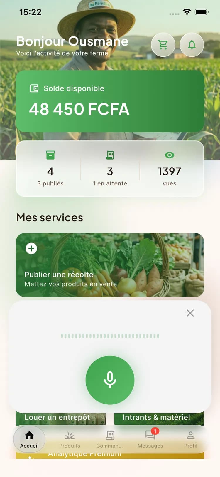 Assistant vocal FARMLINK ouvert sur l'espace producteur