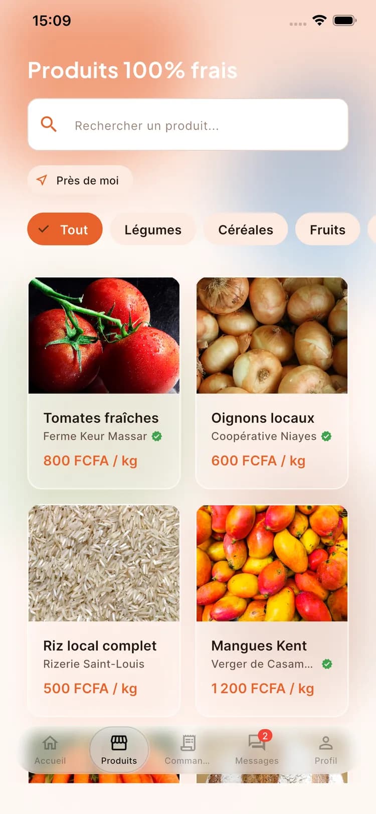 Écran marketplace de l'app FARMLINK : produits frais triés par proximité