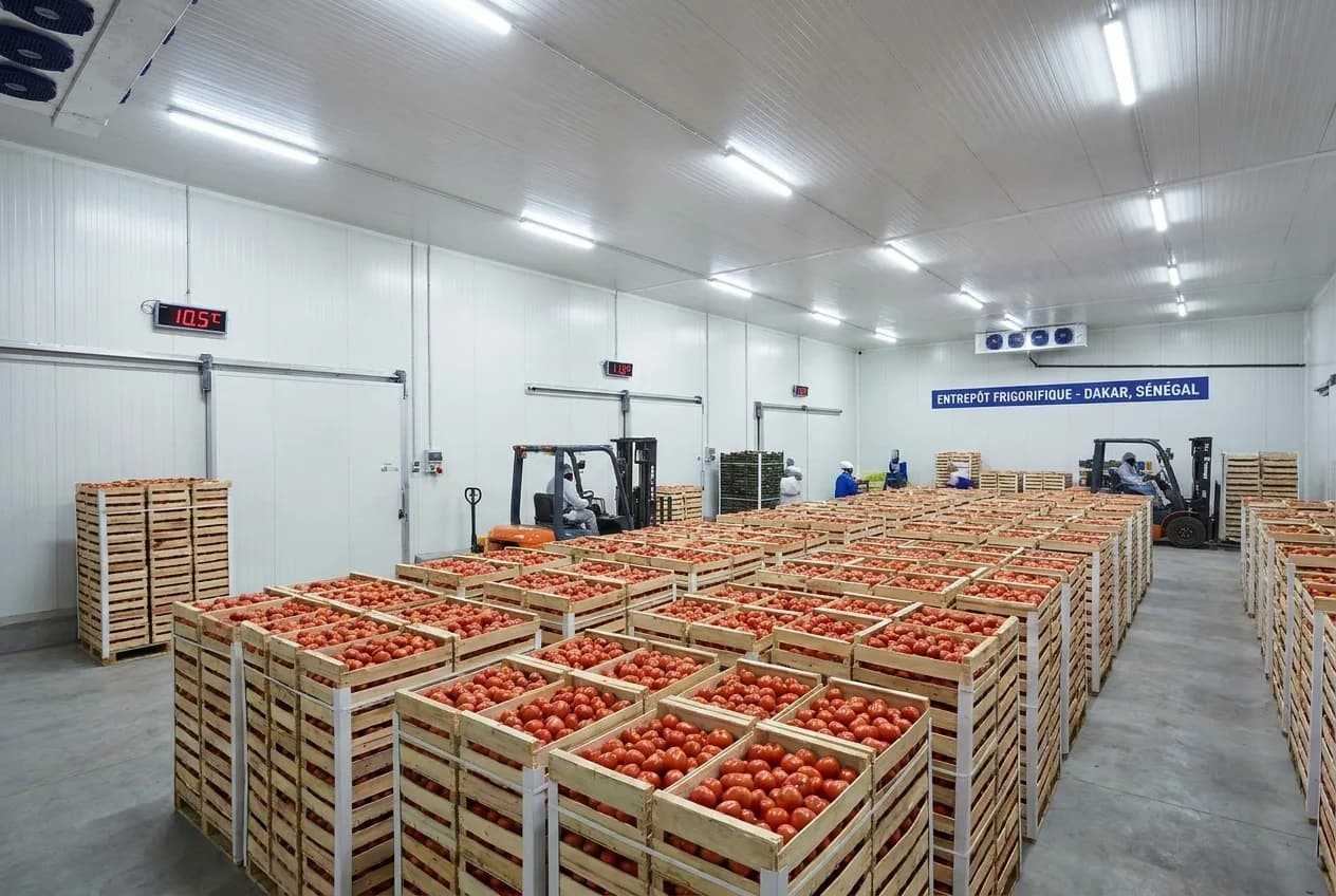 Chambre froide remplie de cagettes de tomates