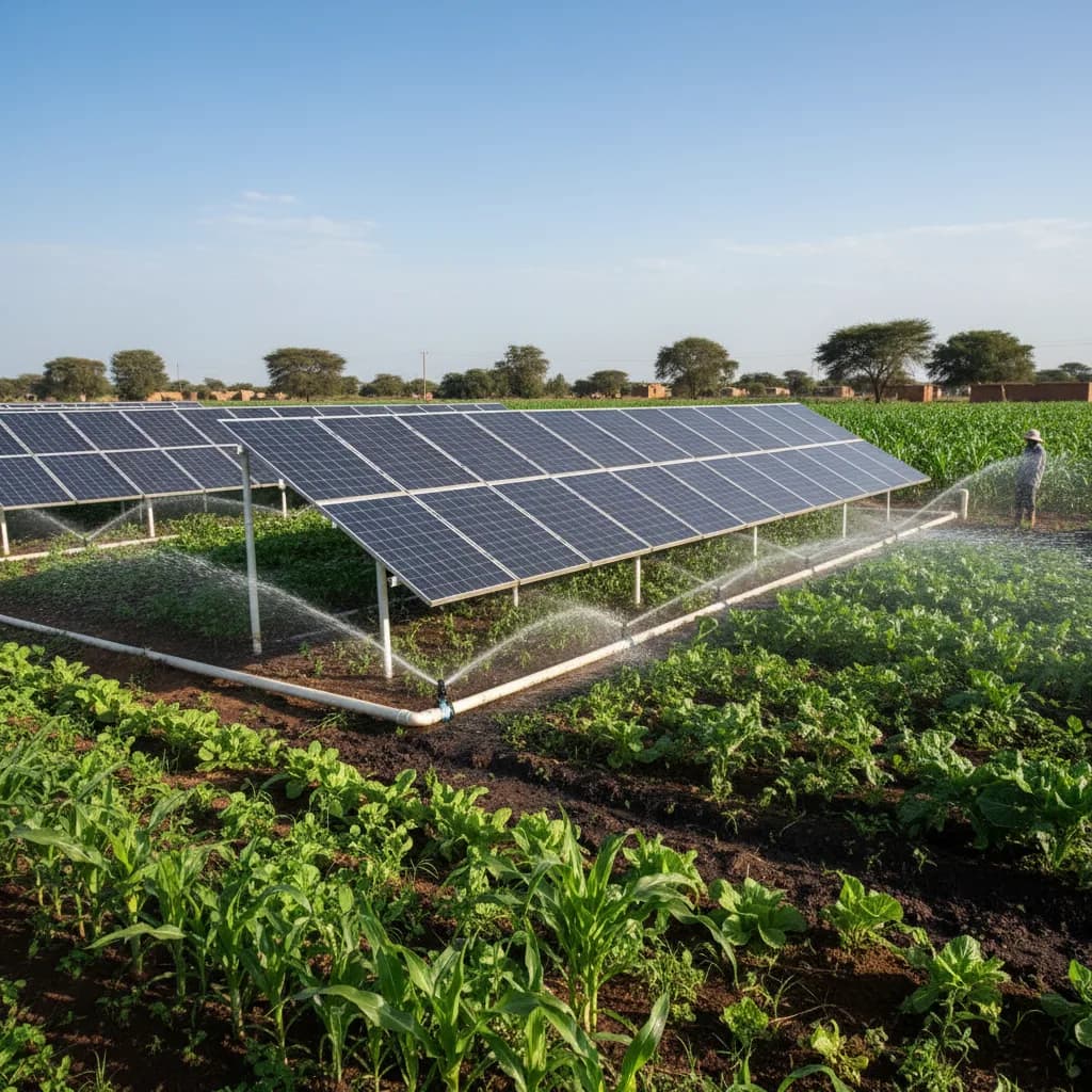 Champ irrigué au soleil couchant, panneaux solaires en arrière-plan